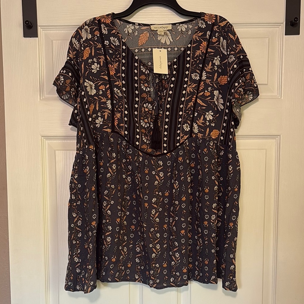 Blue and Black Graphic Embellished Blouse